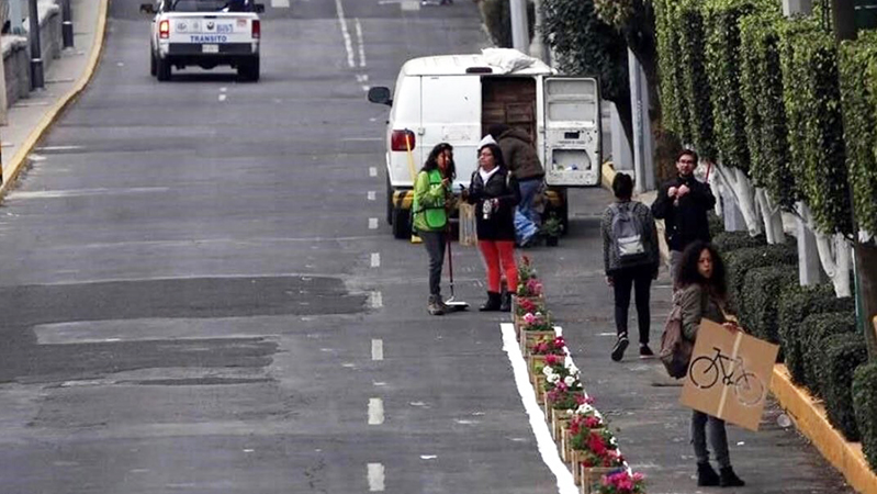 A protected bike lane in Mexico City using a stencil, spray paint, and potted plants (Urban Repair Squad)