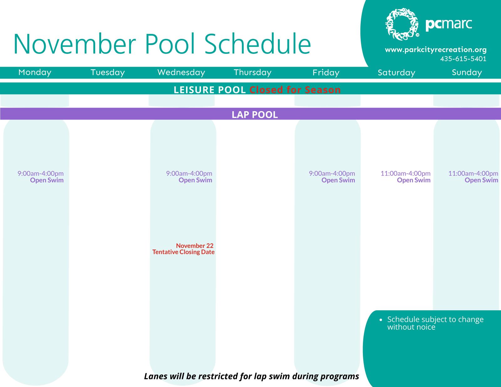 November Lap Pool Schedule 2023